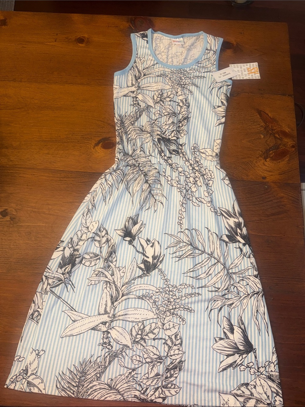 LuLaRoe Light Blue and Black Floral Striped Sleeveless Dress